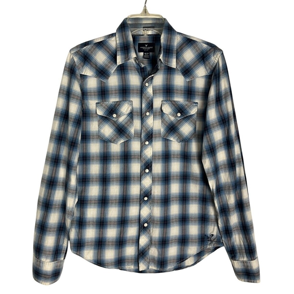 American Eagle Vintage Fit XS/TP Western Shirt Pearlsnaps Long Sleeve Plaid Blue